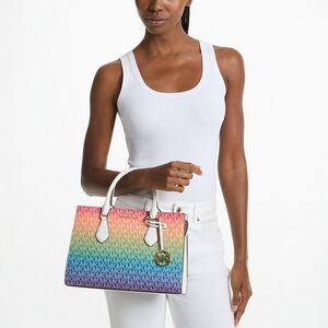 Michael Kors Sheila Medium Satchel Rainbow MK Logo Canvas Gold White NWT
